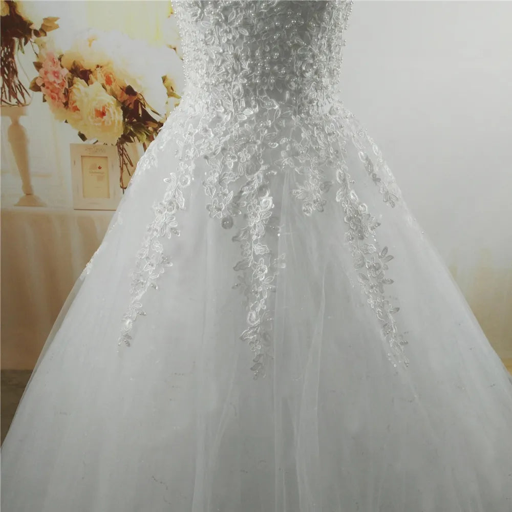 White Ivory Pearls Wedding Dresses With Lace Bottom