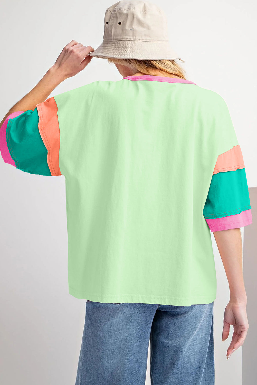 Pink Color Block Sleeve Round Neck Oversize Top