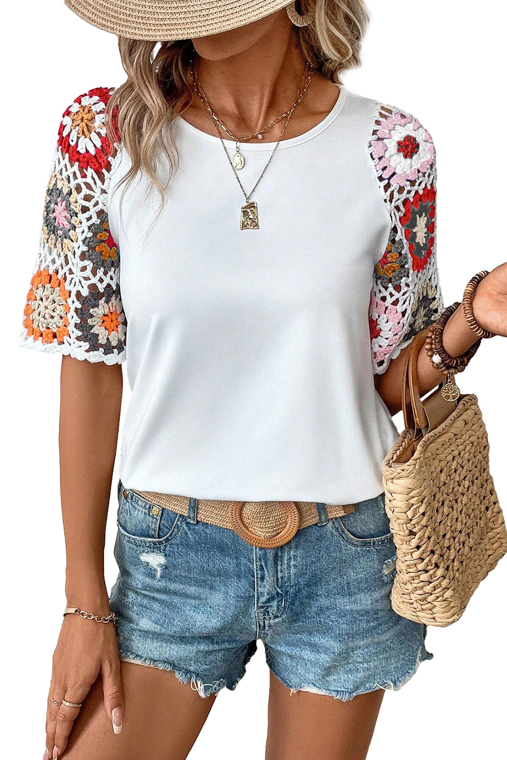 White Floral Hollowed Crochet Sleeve Boho Blouse