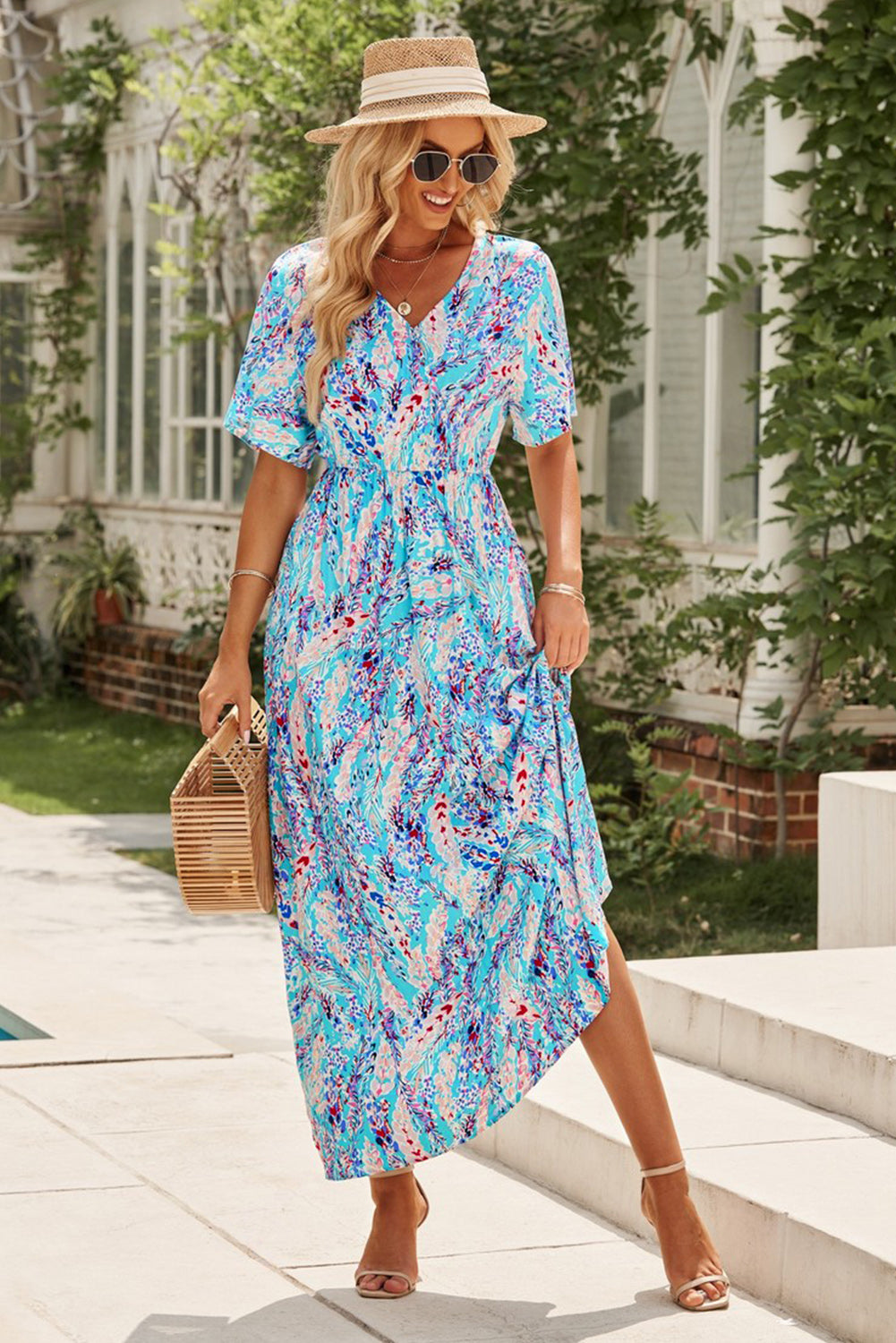 Green Wrap V Neck Floral Maxi Dress