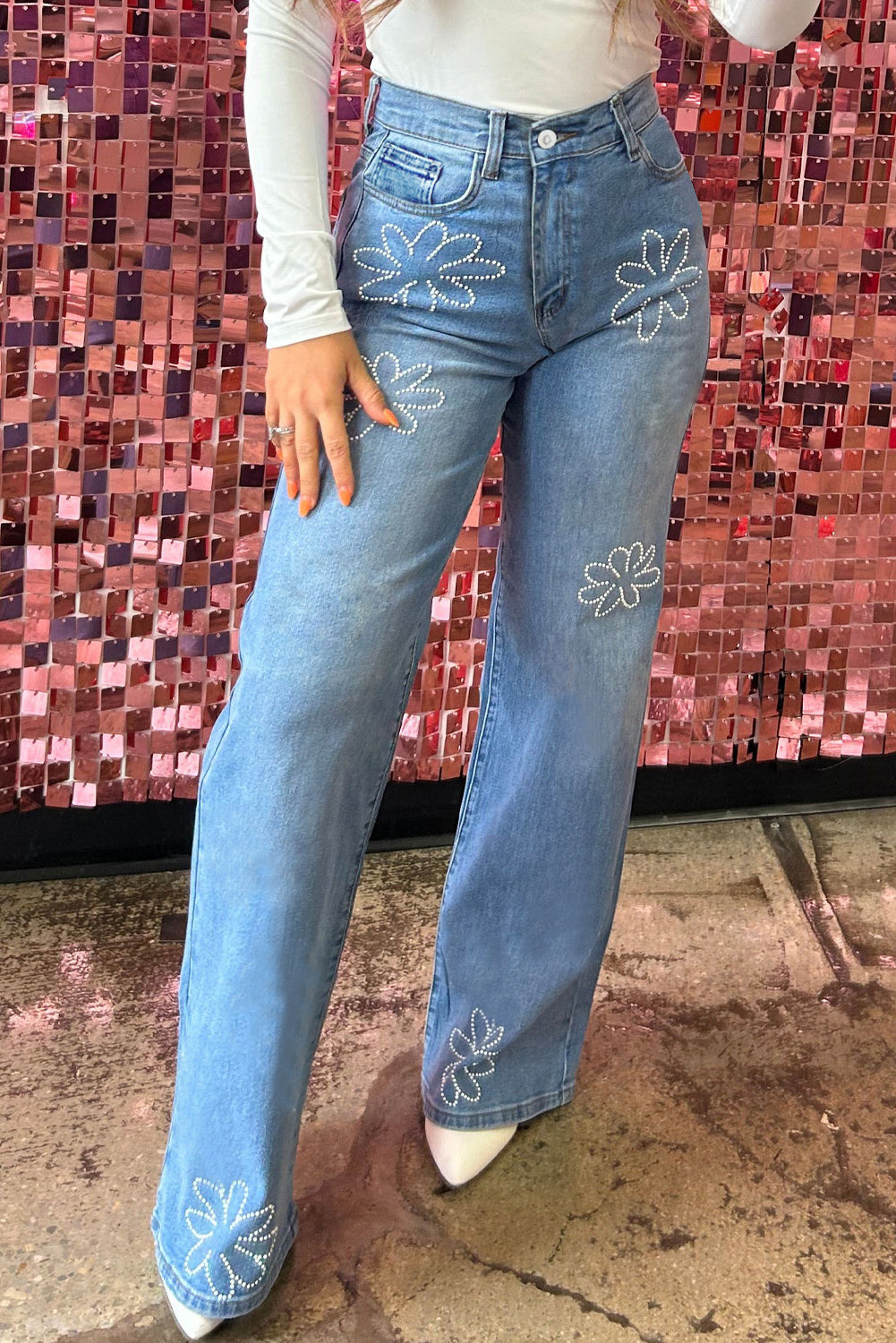 Light Blue Floral Beads Decor High Rise Wide Leg Jeans