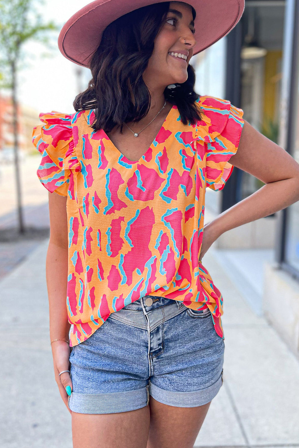 Orange Abstract Print V Neck Ruffled Sleeve Blouse