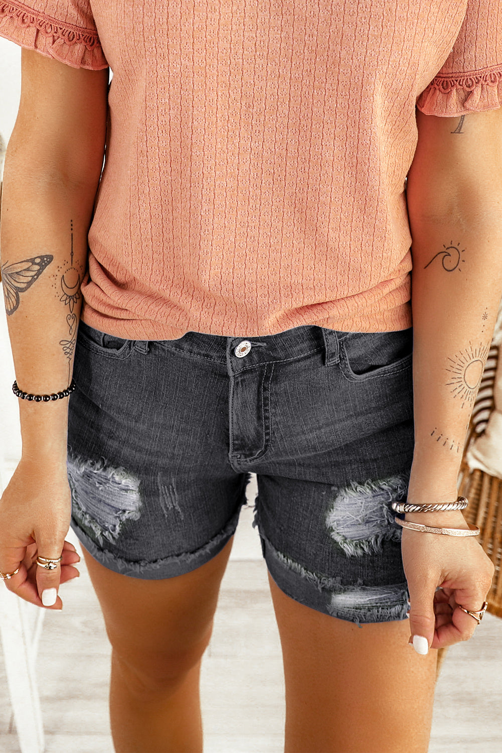 Light Blue Casual Ripped Rolled Hem Denim Shorts