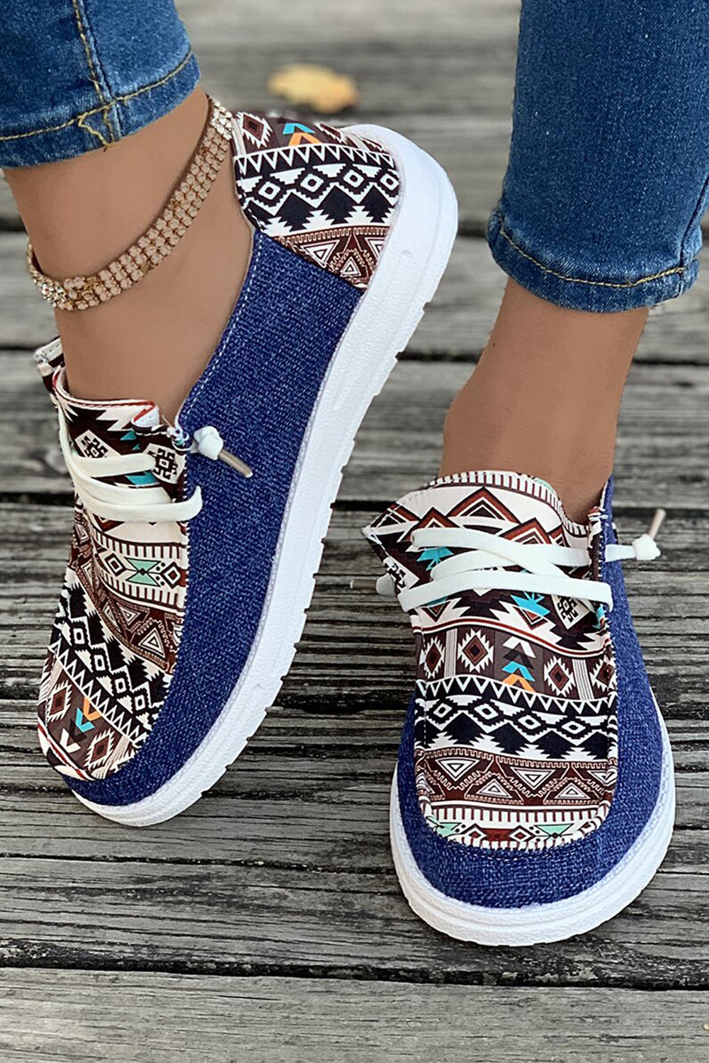 Ashleigh Blue Geometric Print Patchwork Lace Up Decor Sneakers