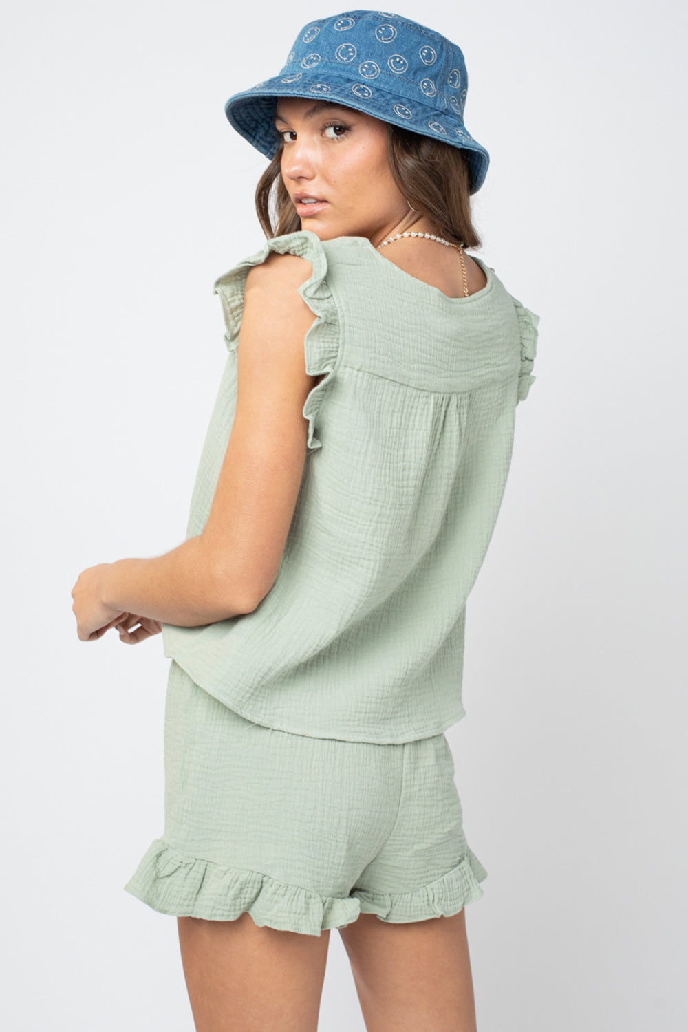 Ruffled V-Neck Cap Sleeve and Shorts Set