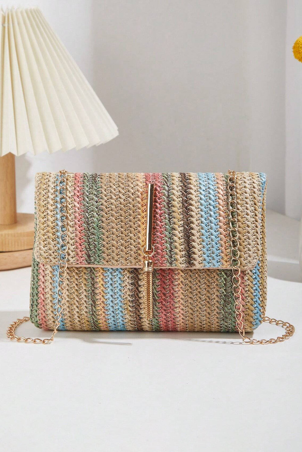 Multicolour Striped Crochet Flapped Single Shoulder Bag