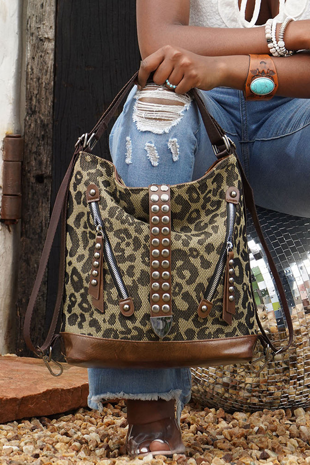 Wholesale Brown Leopard Stud Western Shoulder Bag