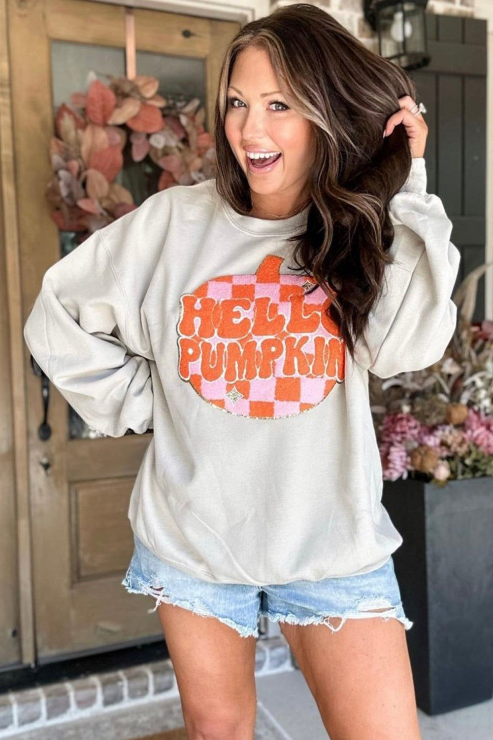 White Terry Halloween Pumpkin Patched Pullover Sweatshirt