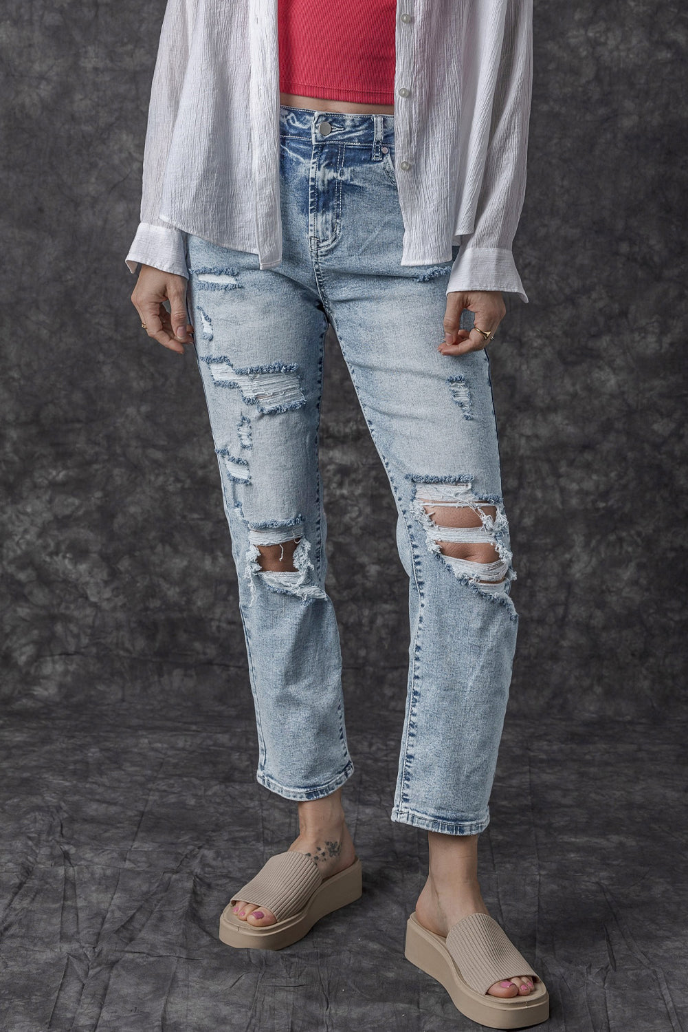 Sky Blue Light Wash Frayed Slim Fit High Waist Jeans