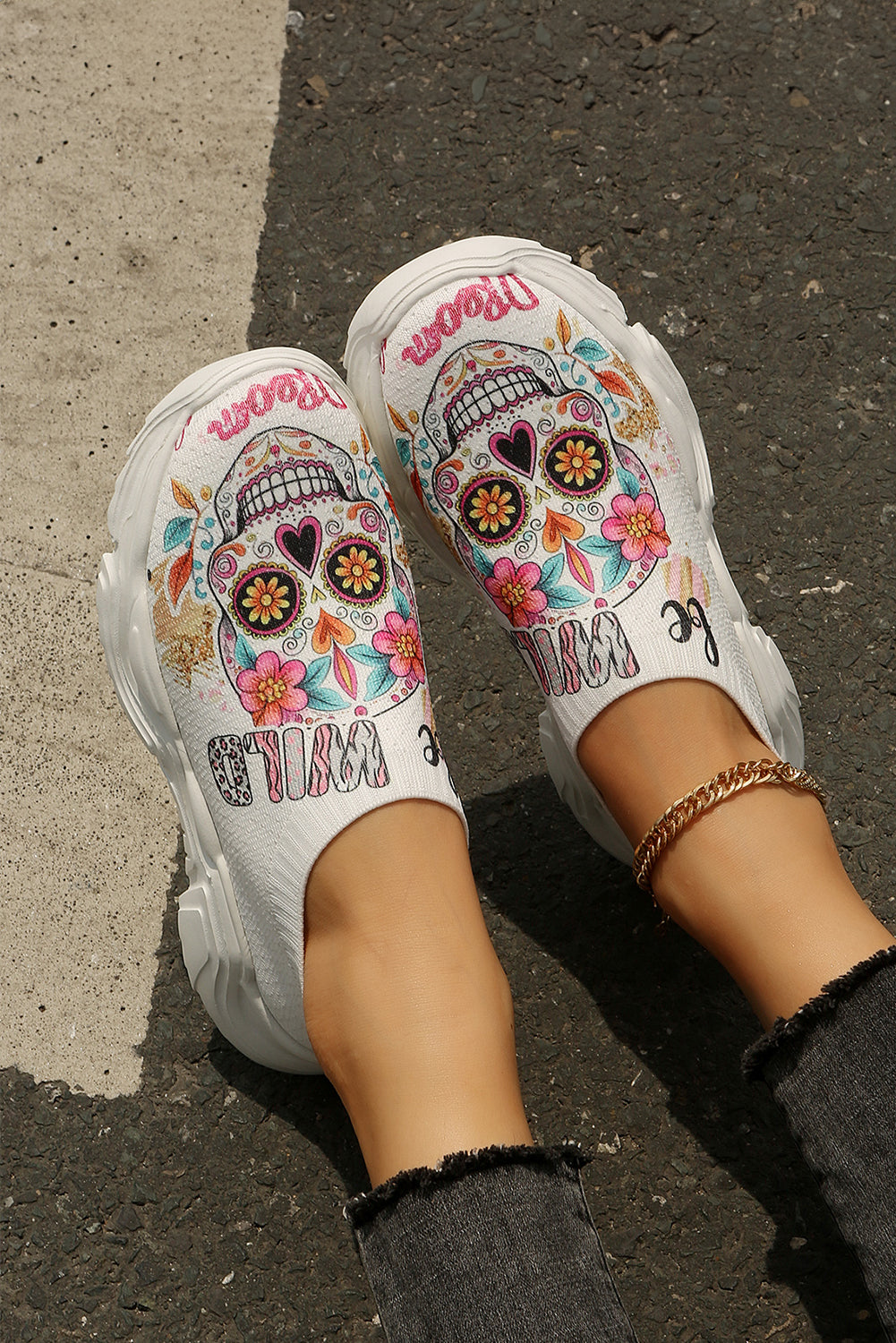 White Halloween Floral Skull Printed Slip-On Flat Sneakers