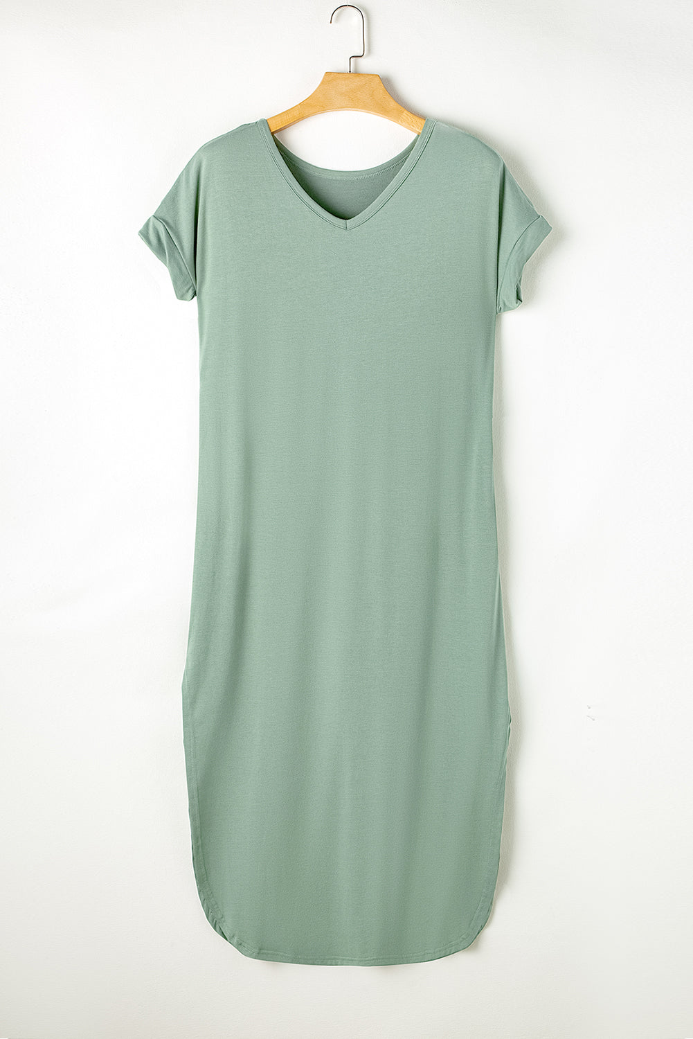 Grass Green V Neck Hidden Pocket Splits Maxi T-shirt Dress