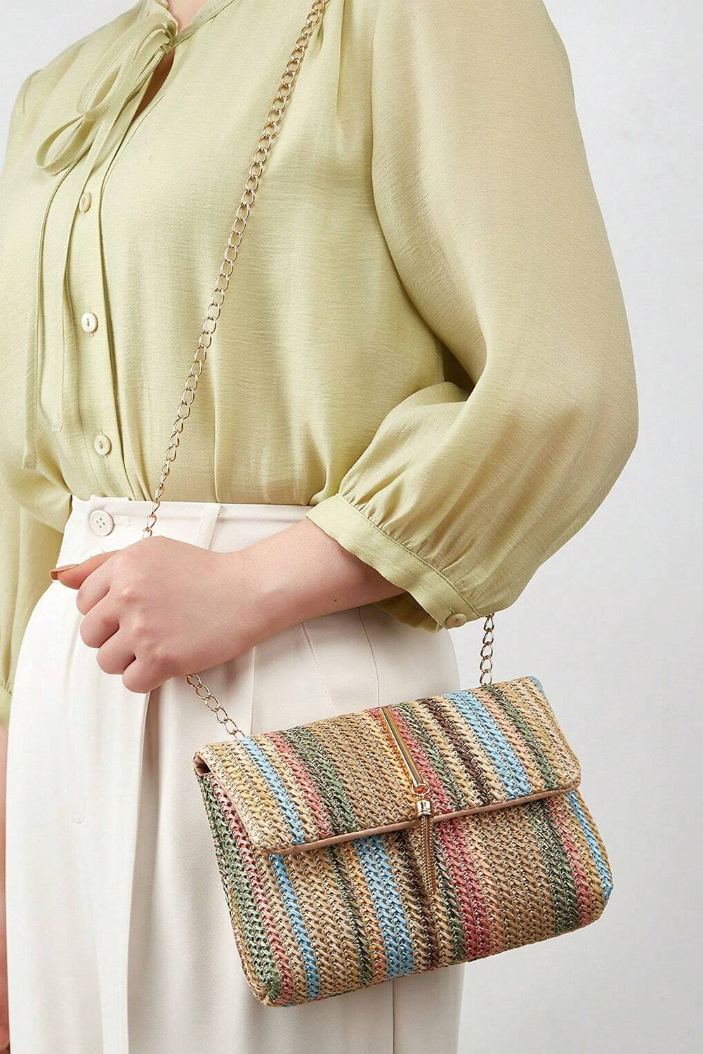 Multicolour Striped Crochet Flapped Single Shoulder Bag