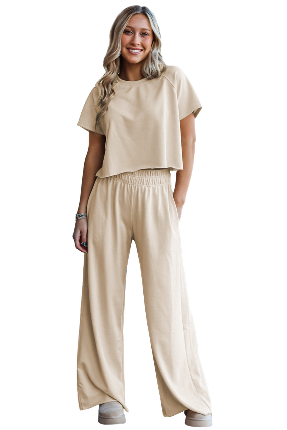 White Raw Hem Loose Tee and Wide Leg Pants Set