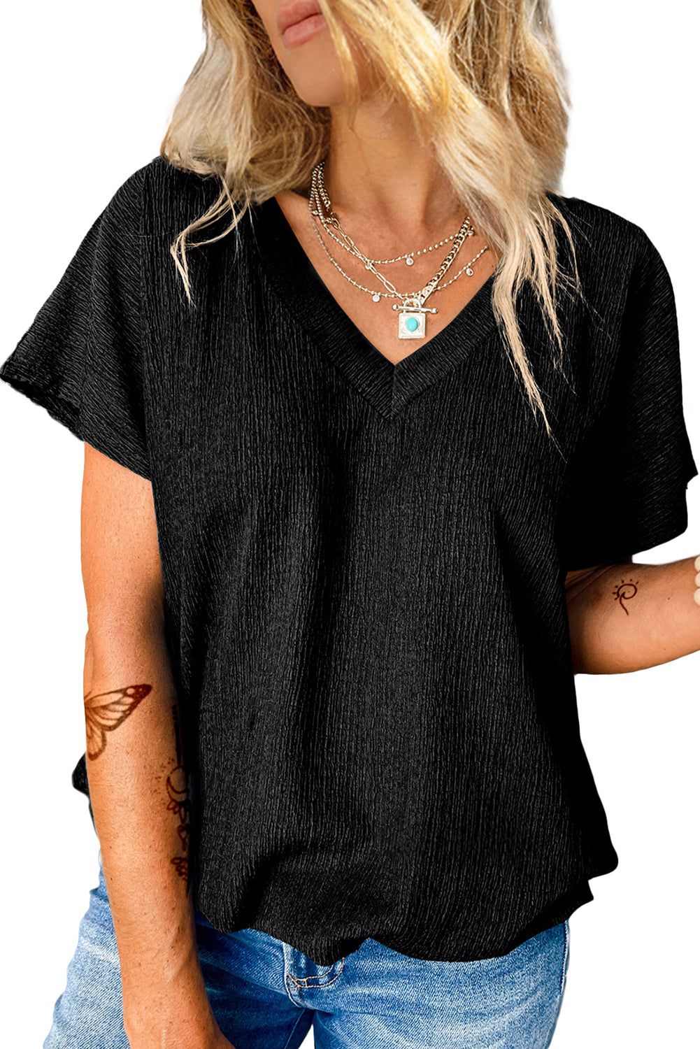 Black Plain Crinkled V Neck Short Sleeve Blouse