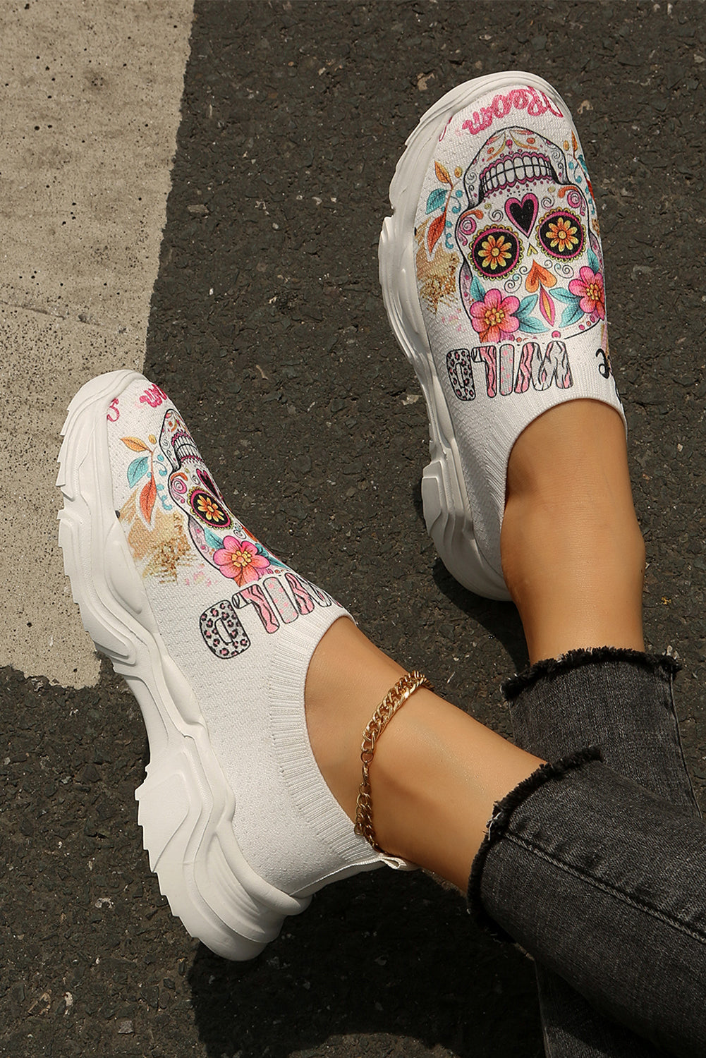 White Halloween Floral Skull Printed Slip-On Flat Sneakers