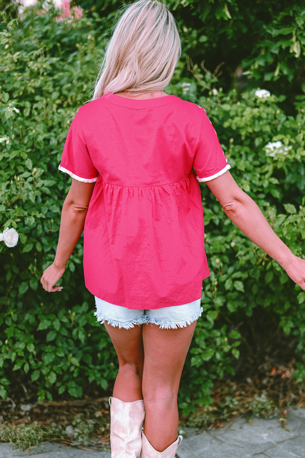 Strawberry Pink Geometric Embroidered Tassel Tie V Neck Blouse