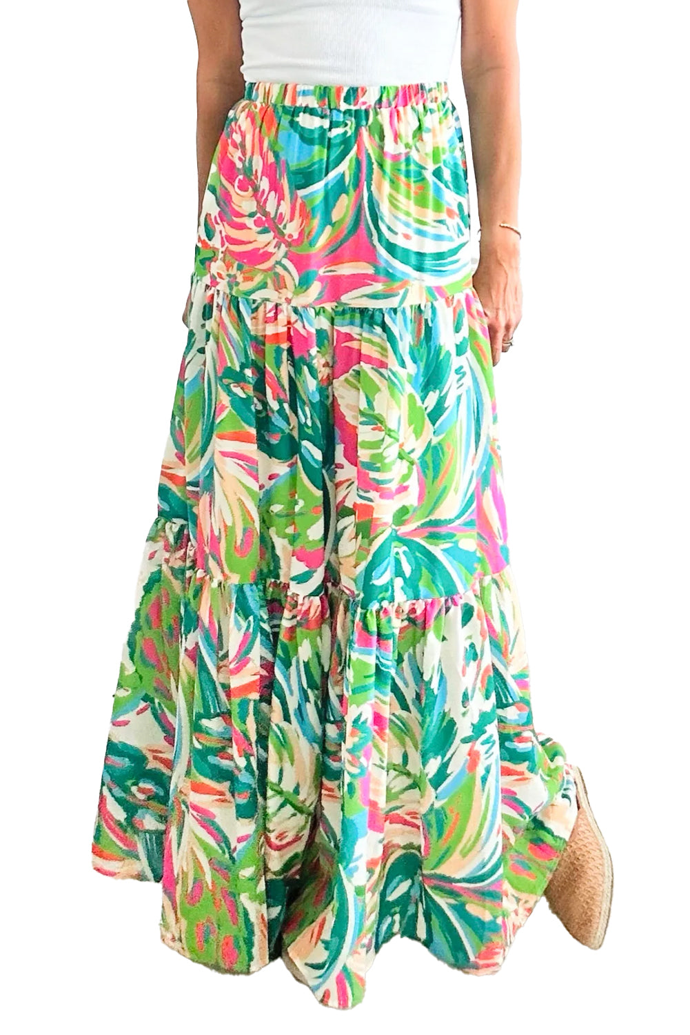 Green Abstract Printed High Waist Tiered Maxi Skirt