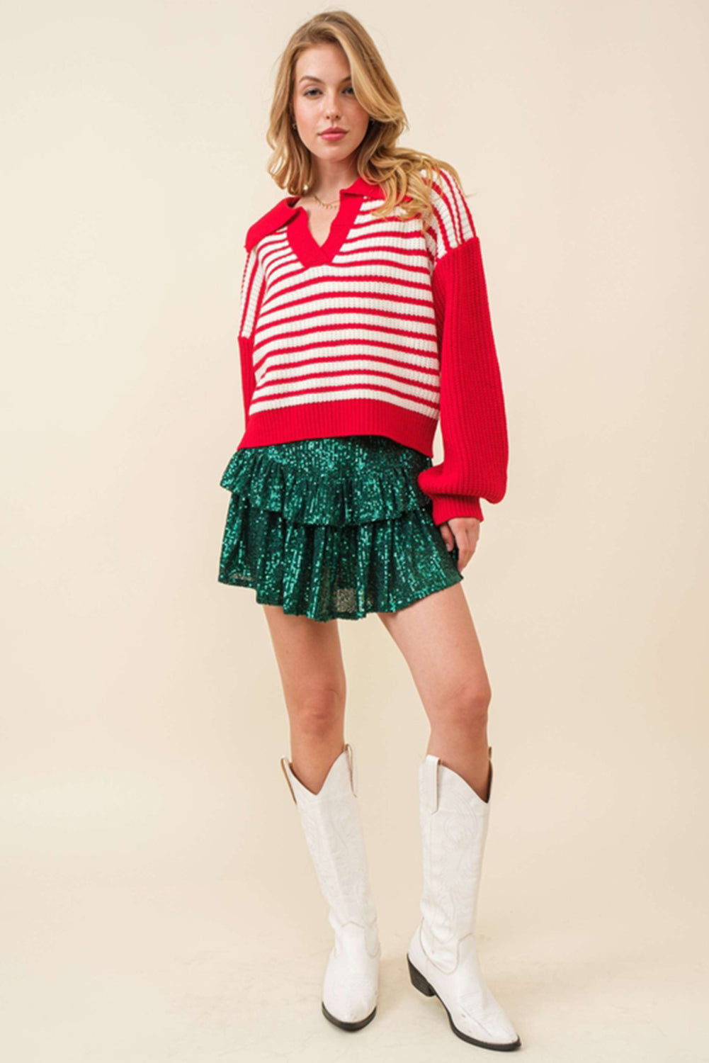 Red Striped V Neck Collar Drop Sleeve Sweater