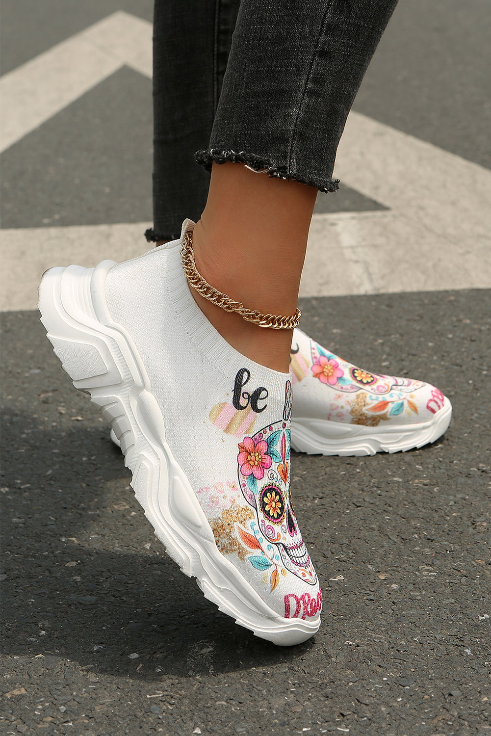 White Halloween Floral Skull Printed Slip-On Flat Sneakers