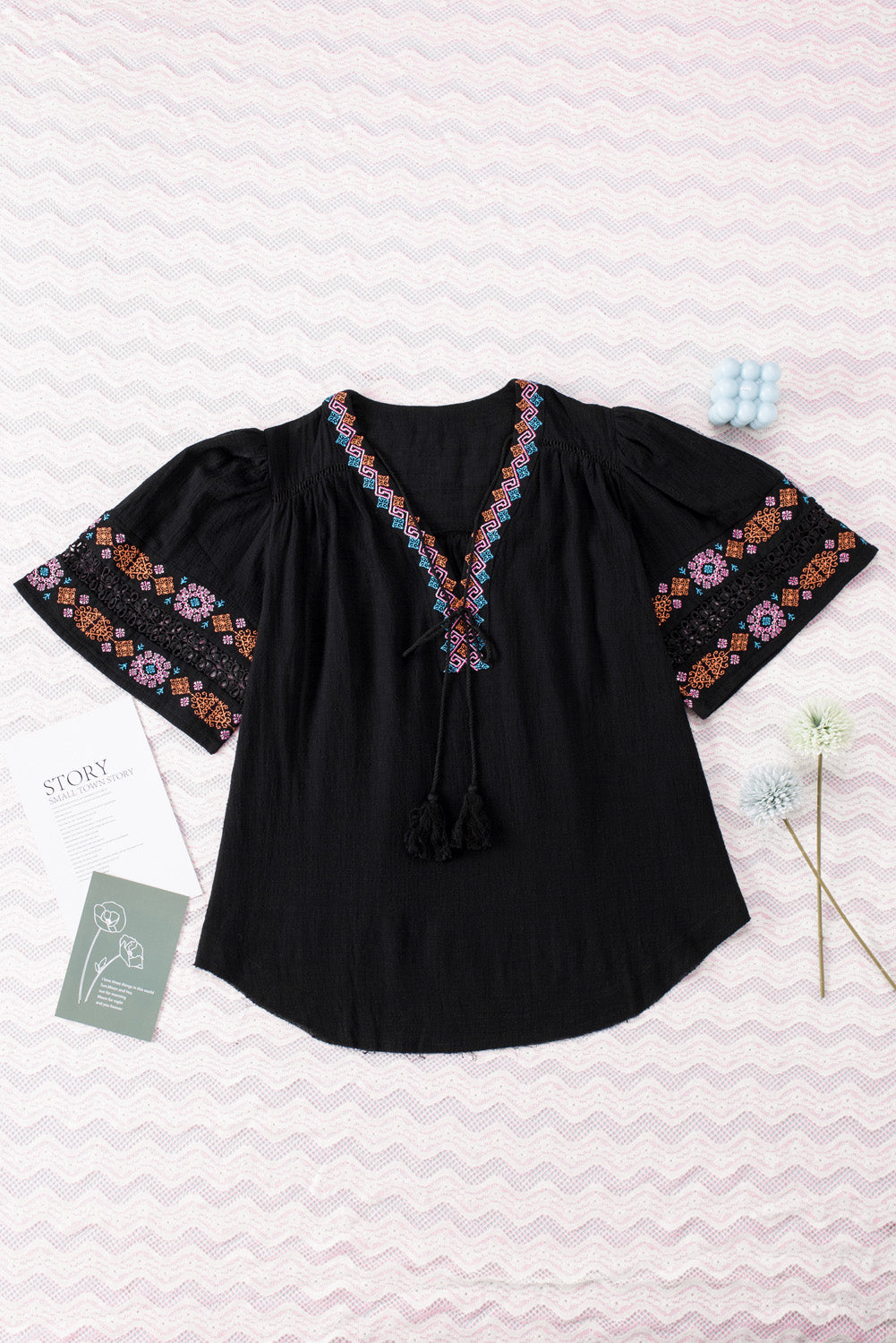 Black Boho Tassel Drawstring Cut Out Embroidered Blouse