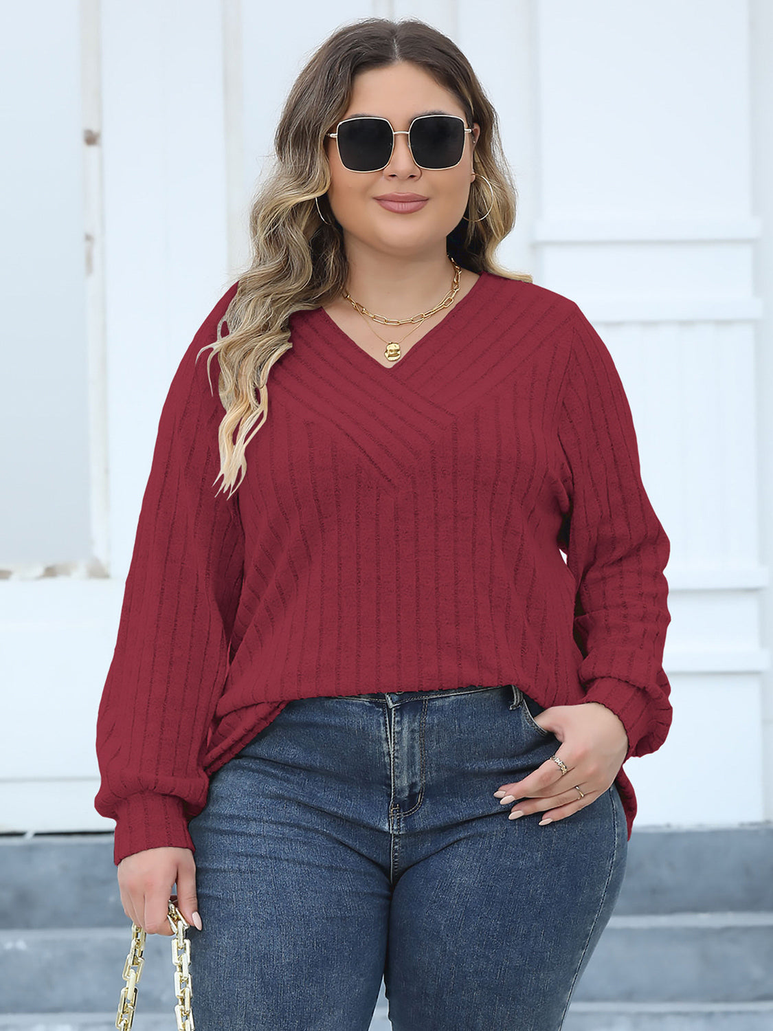 Plus Size Ribbed V-Neck Long Sleeve Top