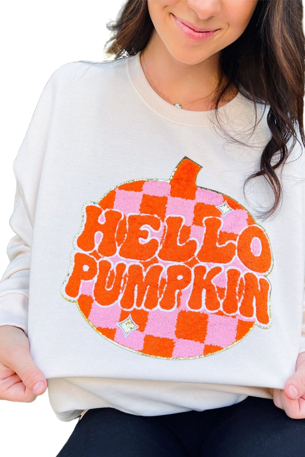 White Terry Halloween Pumpkin Patched Pullover Sweatshirt