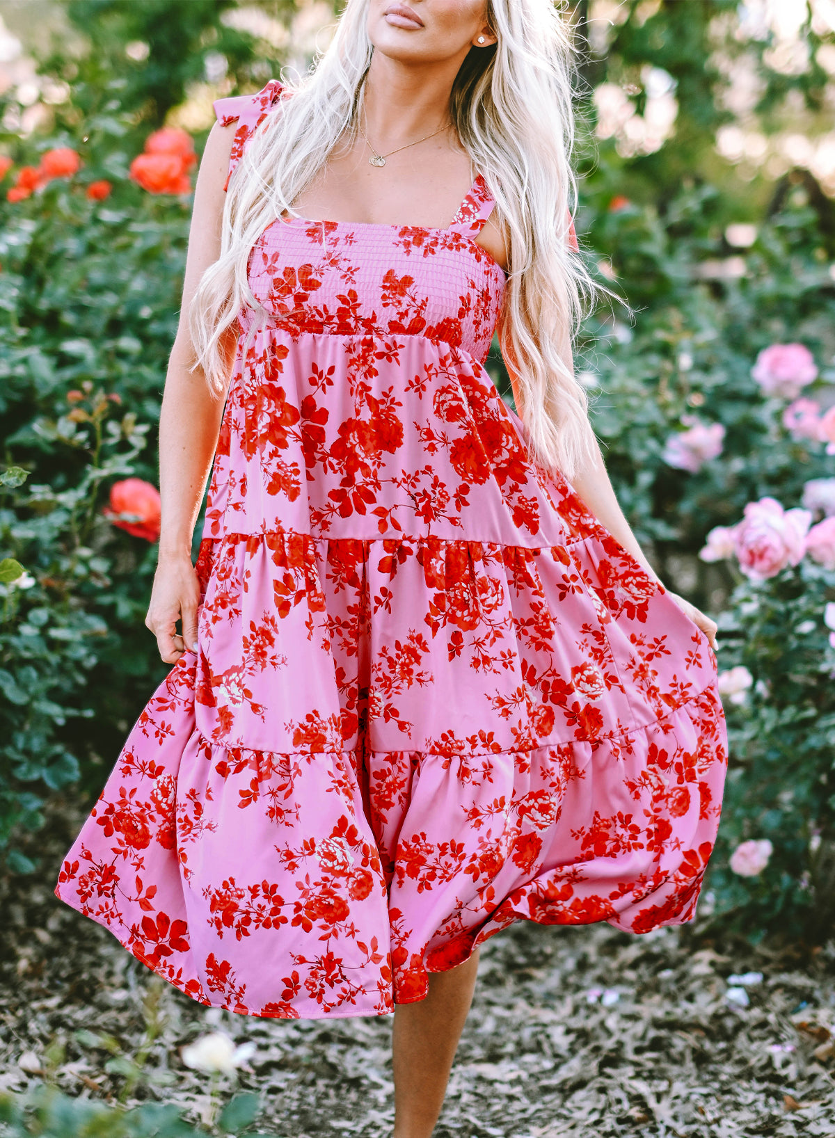 Pink Tie Shoulder Straps Tiered Floral Dress