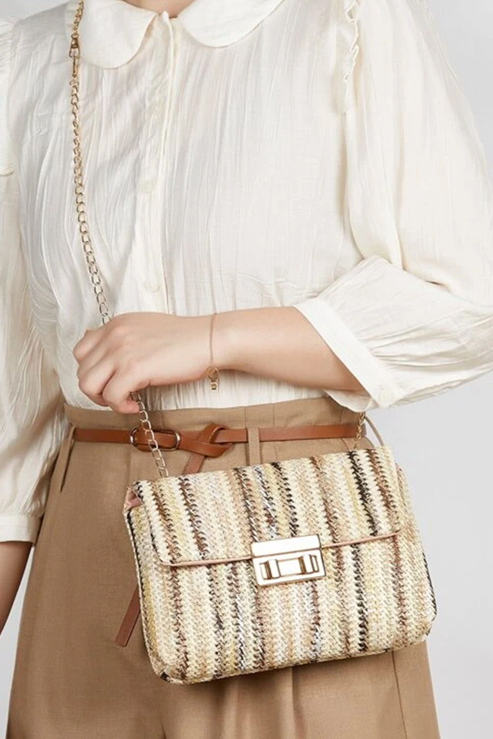 Multicolour Striped Crochet Flapped Single Shoulder Bag