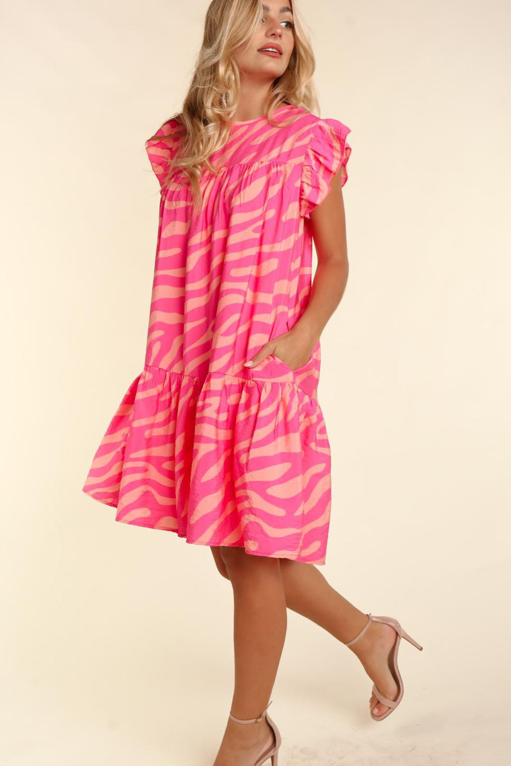 Pink Zebra Stripe Printed Ruffle Trim Pocketed Dress