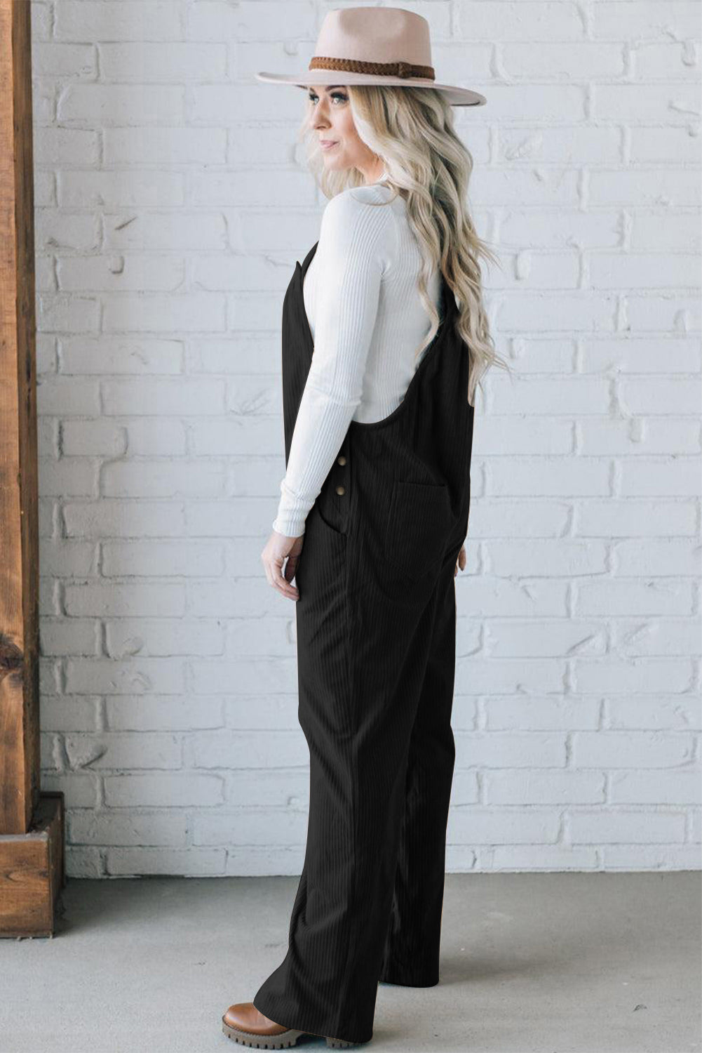 Black Plain Pocketed Loose Fit Corduroy Overalls - Creative Designs by Shanny