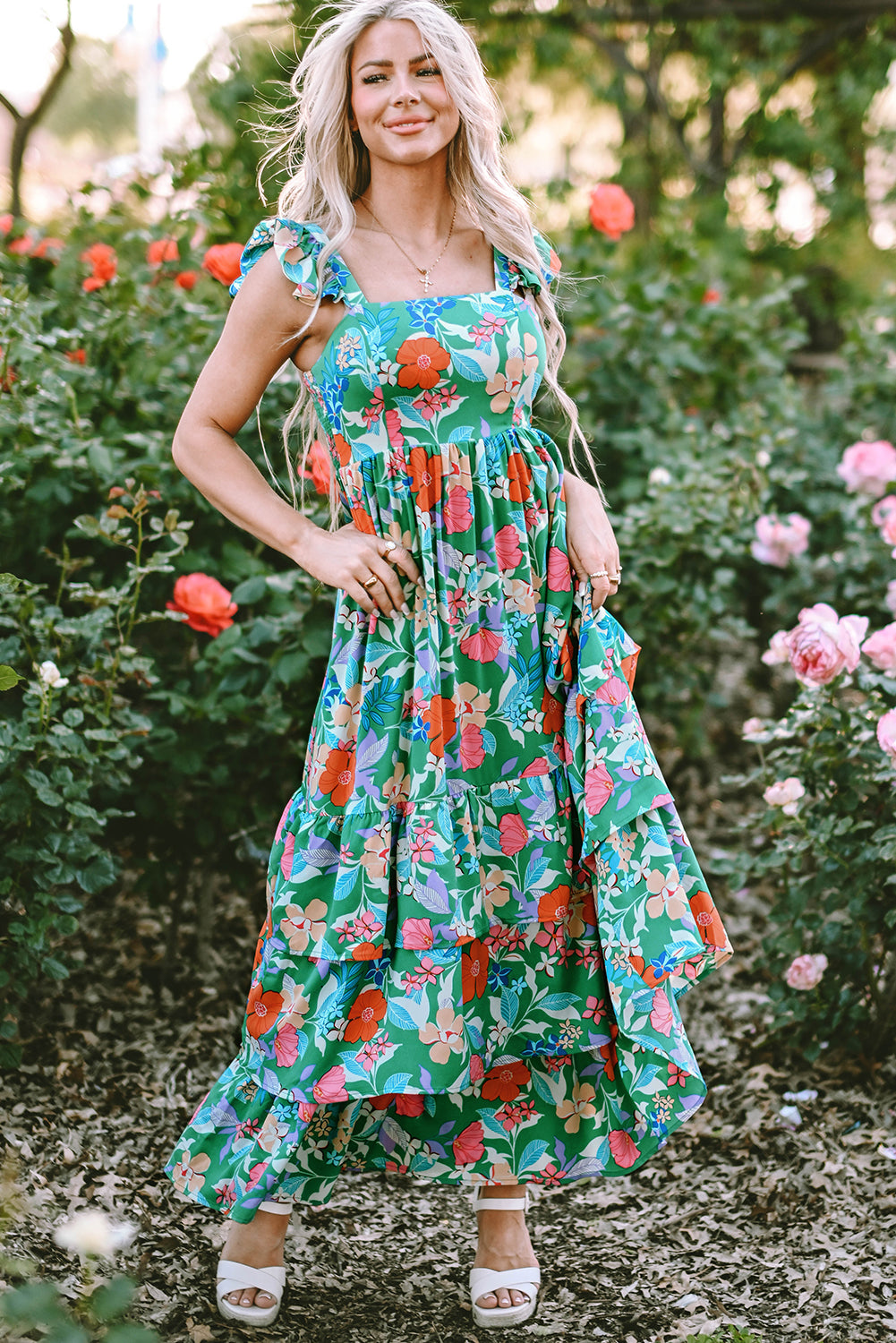 Green Floral Print Sleeveless Ruffle Tiered Maxi Dress