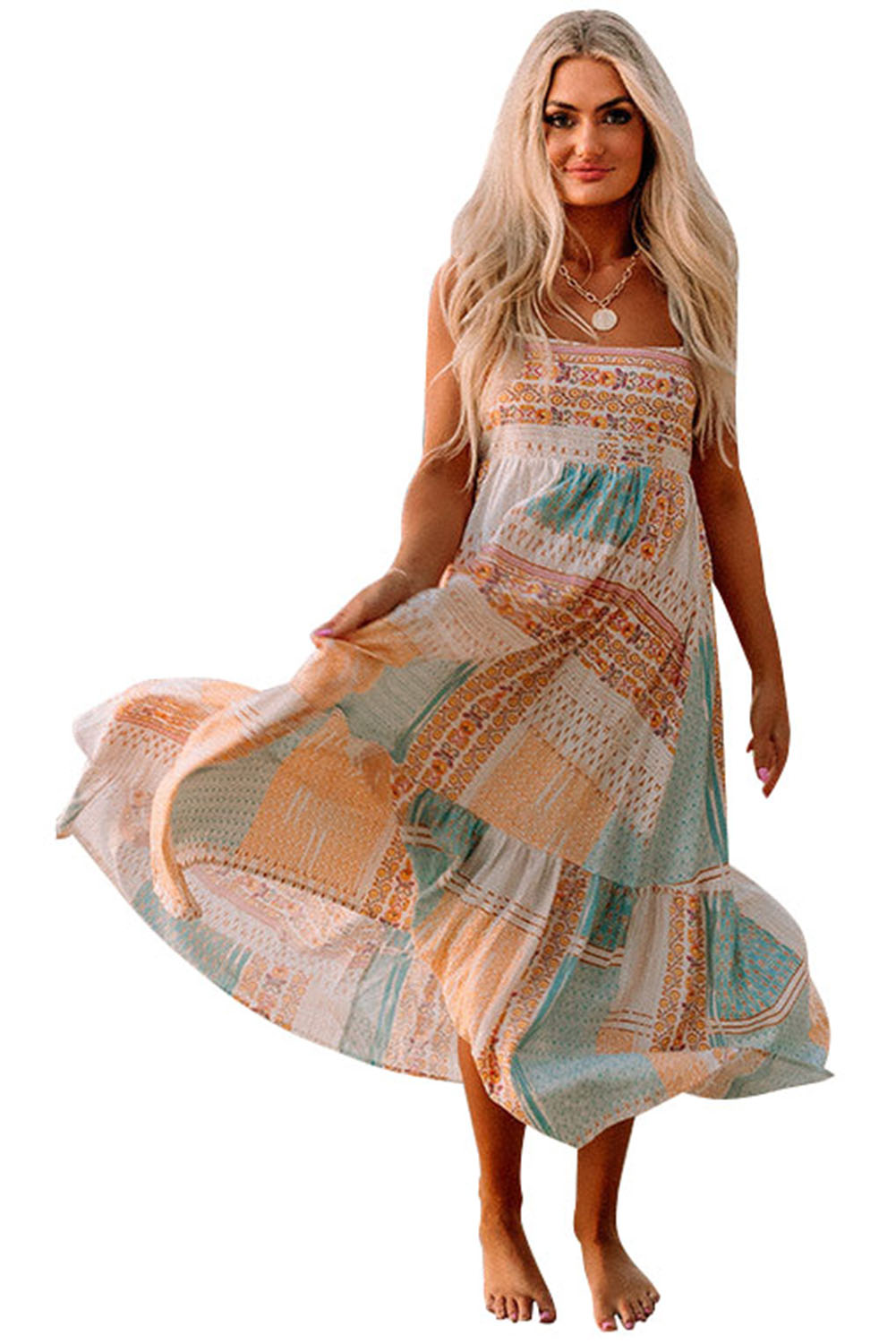 Multicolor Boho Patchwork Print Square Neck Sundress