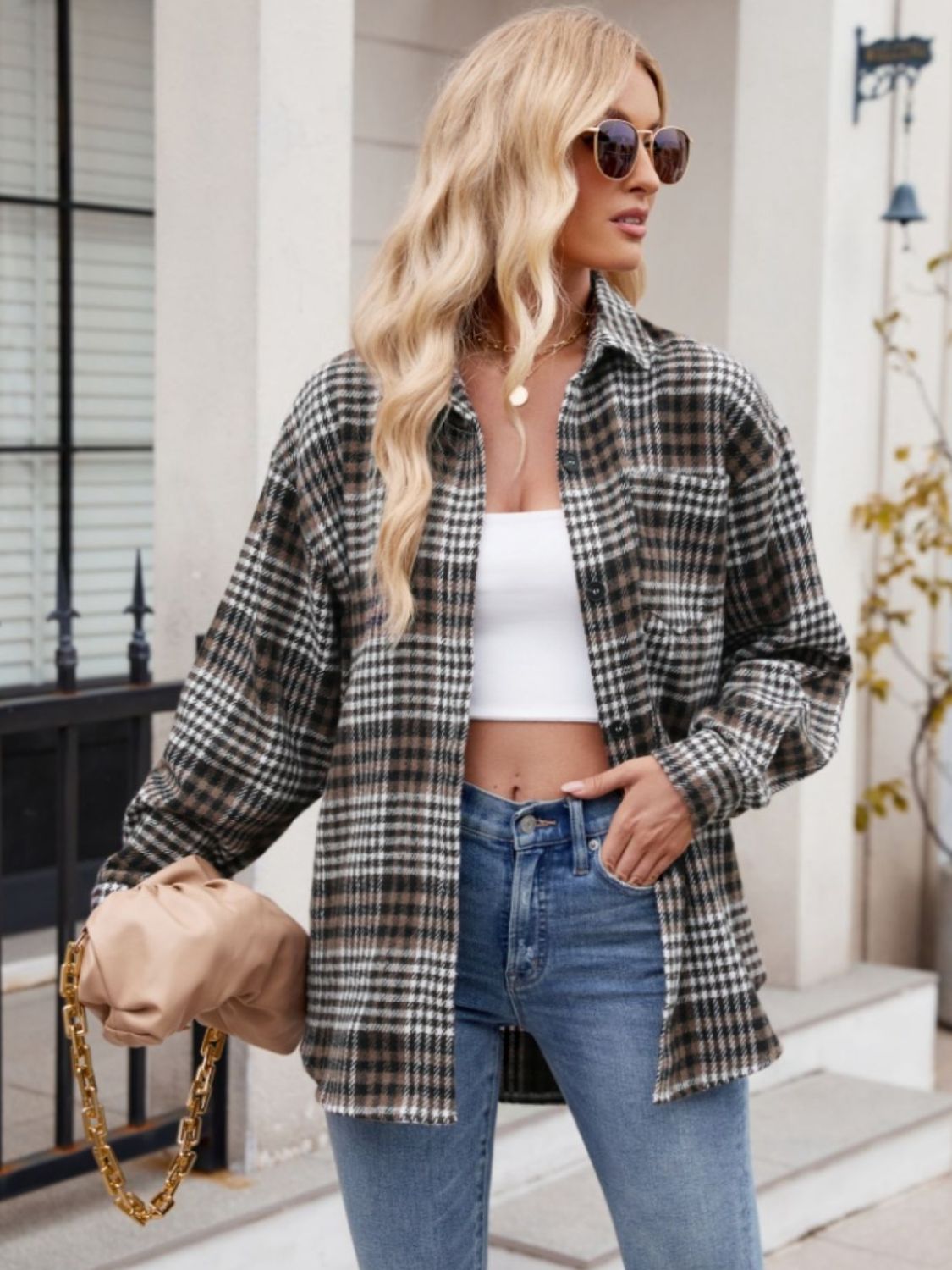 Mandy Pocketed Plaid Collared Neck Long Sleeve Shirt