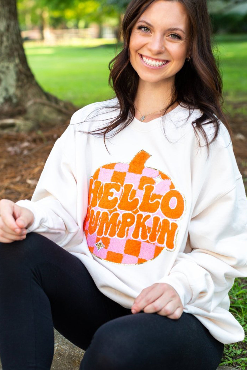 White Terry Halloween Pumpkin Patched Pullover Sweatshirt