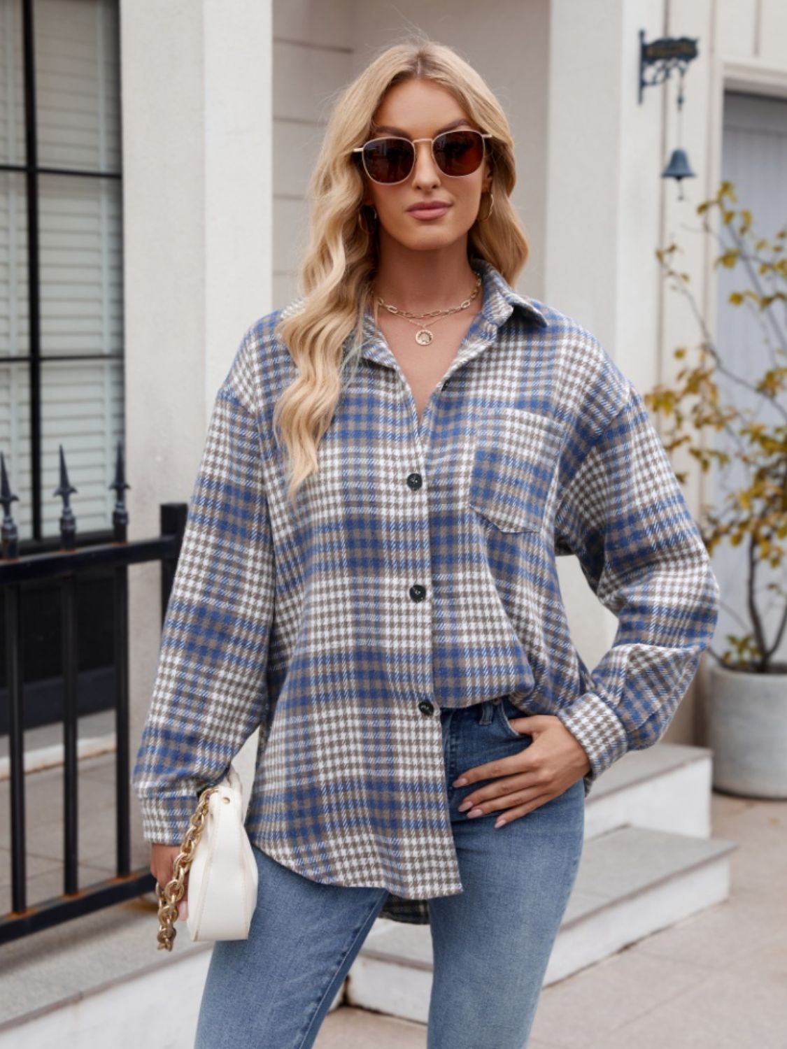 Mandy Pocketed Plaid Collared Neck Long Sleeve Shirt