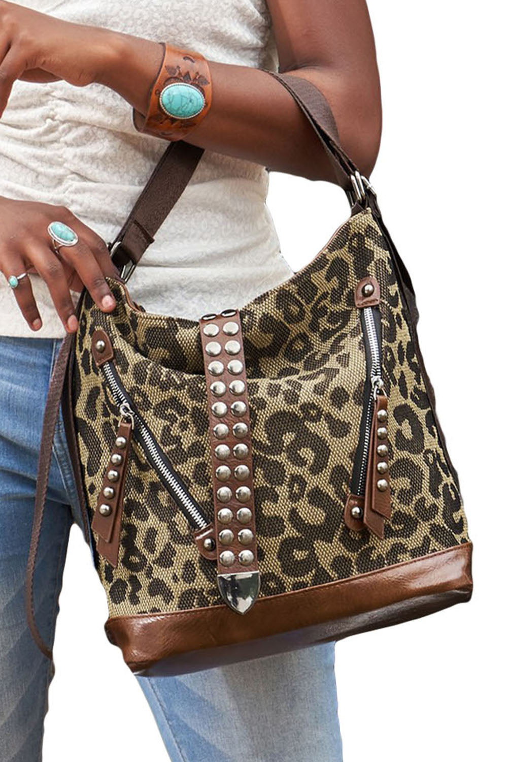 Wholesale Brown Leopard Stud Western Shoulder Bag