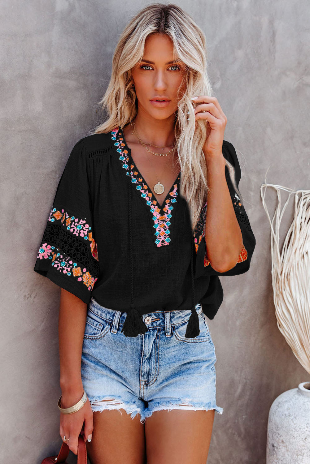 Black Boho Tassel Drawstring Cut Out Embroidered Blouse