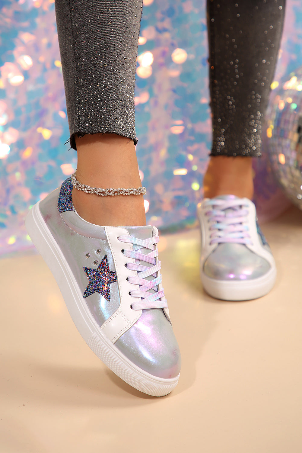 Silvery Star Sequin Patchwork Criss Cross Lace Up Sneakers