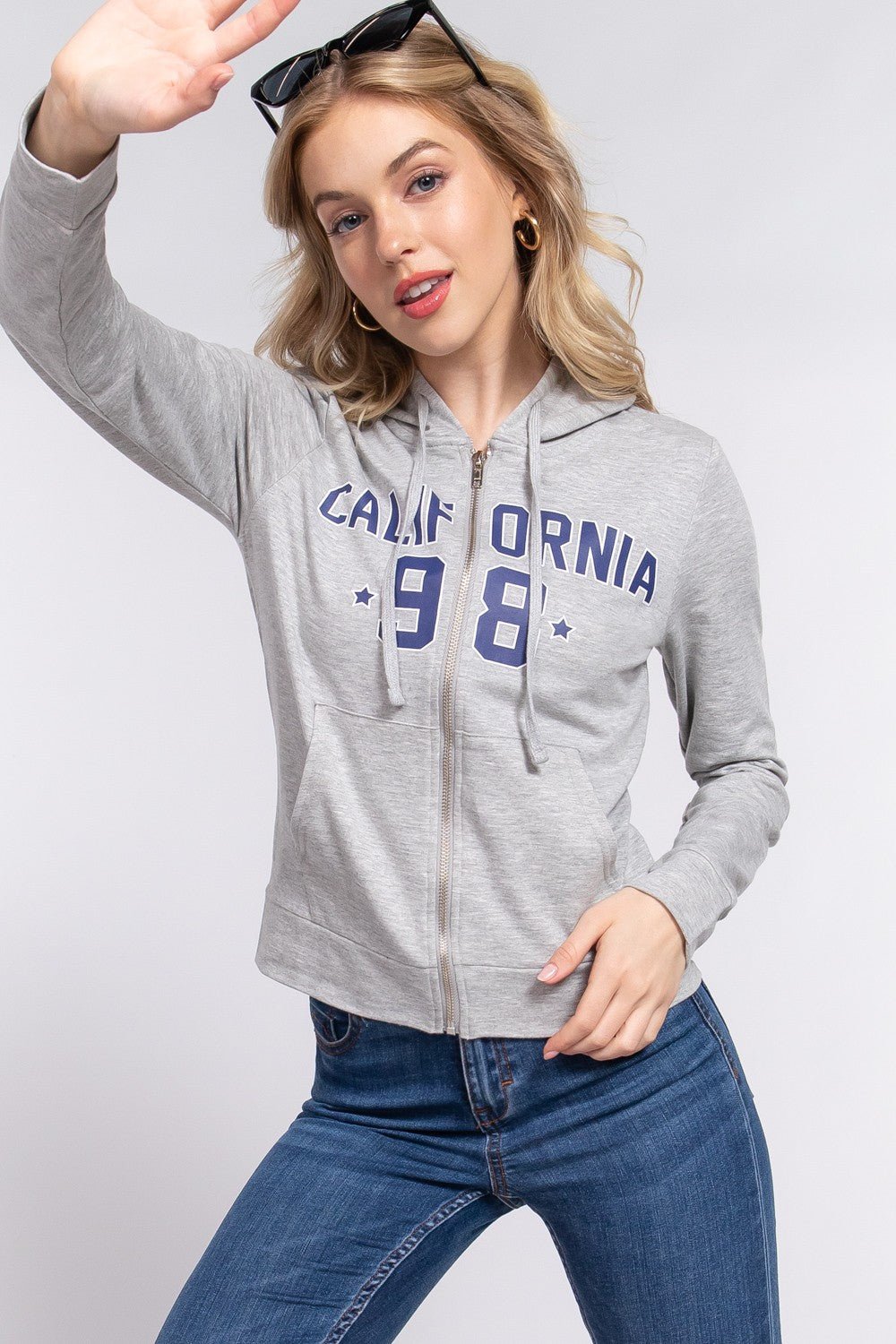 ACTIVE BASIC CALIFORNIA Zip Up Drawstring Long Sleeve Hoodie - Creative Designs by Shanny