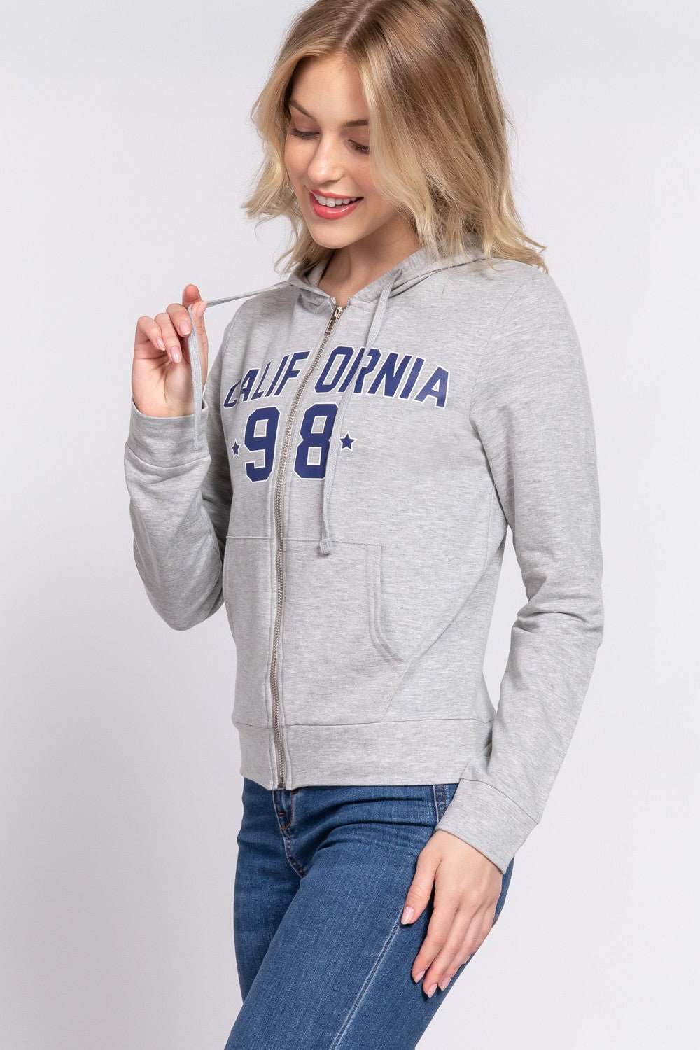 ACTIVE BASIC CALIFORNIA Zip Up Drawstring Long Sleeve Hoodie - Creative Designs by Shanny