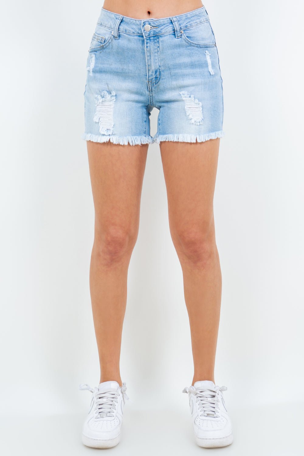 American Bazi High Waist Distressed Frayed Denim Shorts - Creative Designs by Shanny