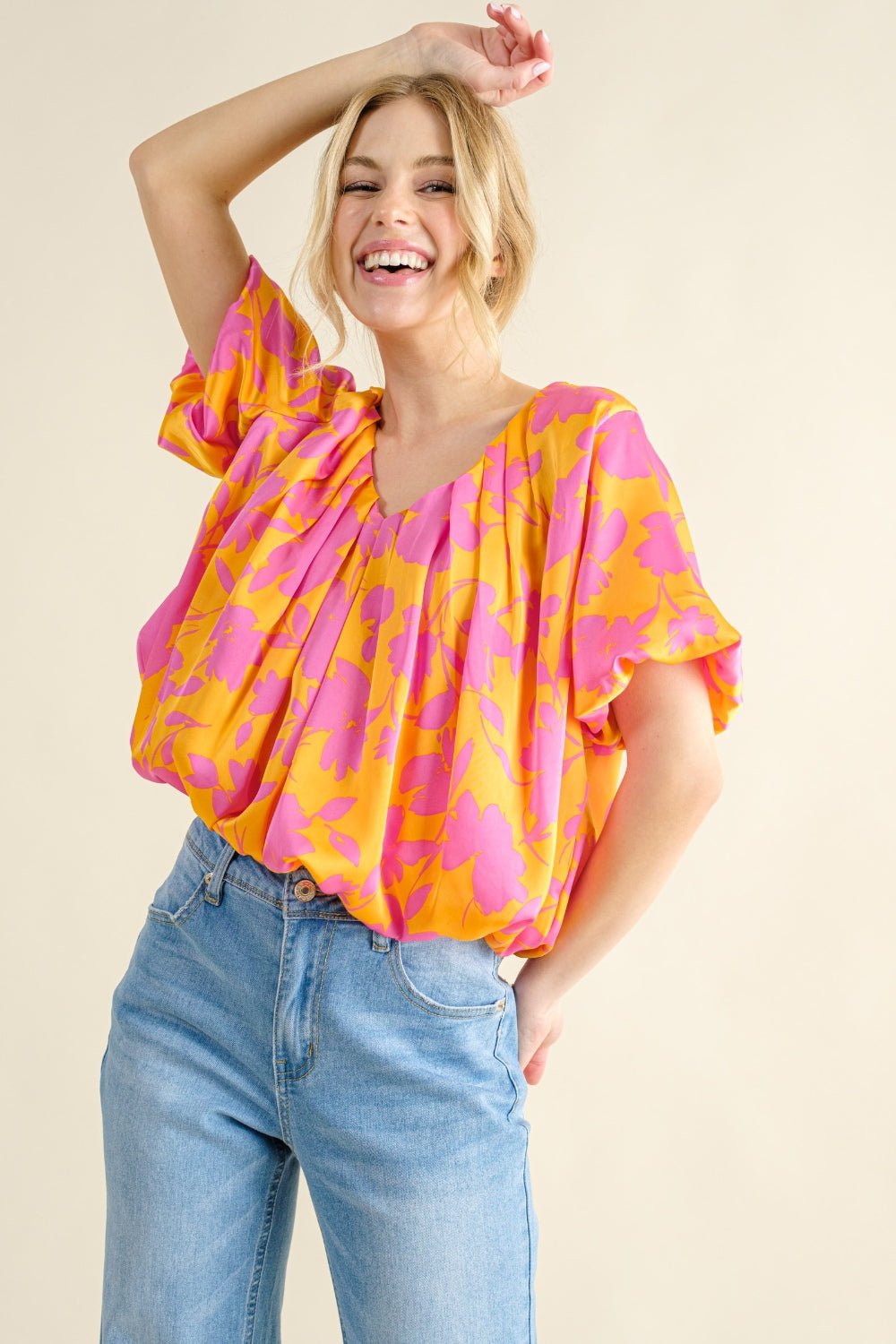 And The Why Full Size Printed Satin Bubble Hem Top - Creative Designs by Shanny