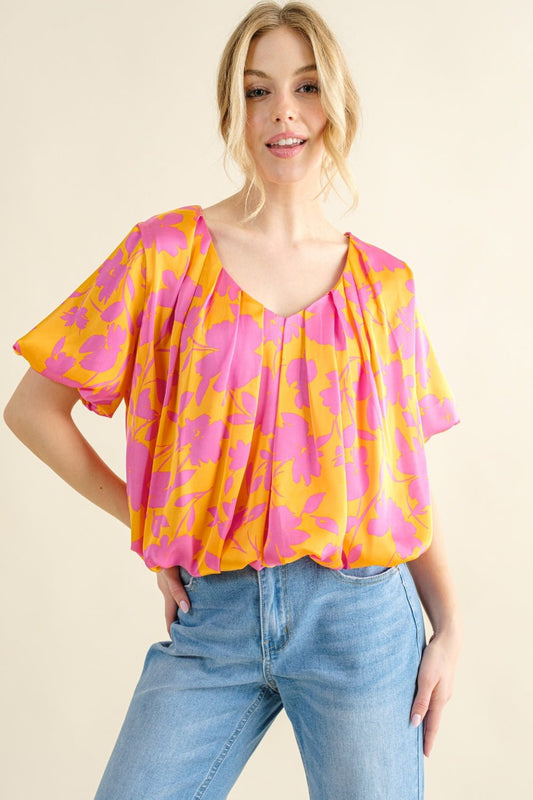 And The Why Full Size Printed Satin Bubble Hem Top - Creative Designs by Shanny