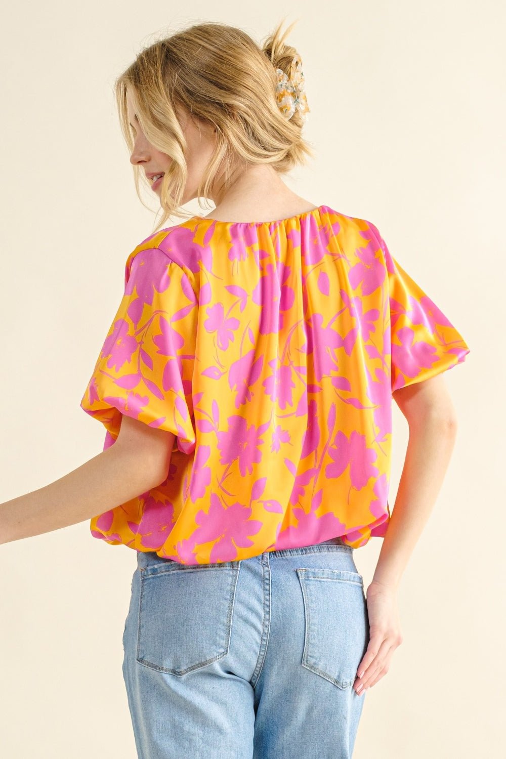 And The Why Full Size Printed Satin Bubble Hem Top - Creative Designs by Shanny