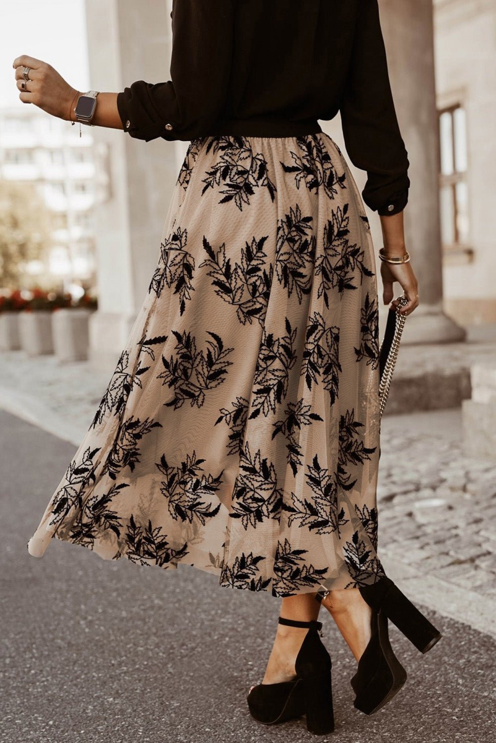 Apricot Floral Leaves Embroidered High Waist Maxi Skirt - Creative Designs by Shanny