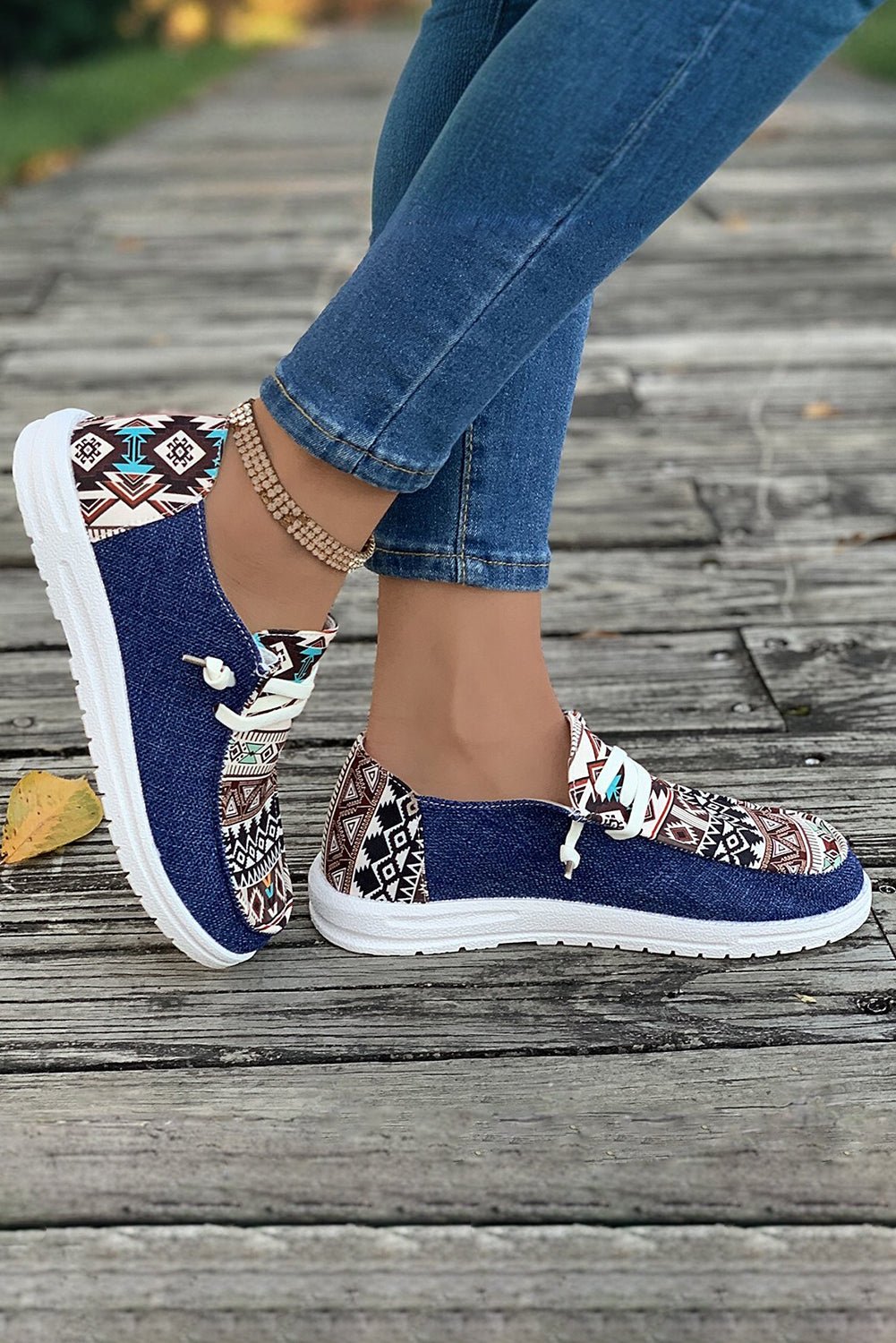 Ashleigh Blue Geometric Print Patchwork Lace Up Decor Sneakers - Creative Designs by Shanny