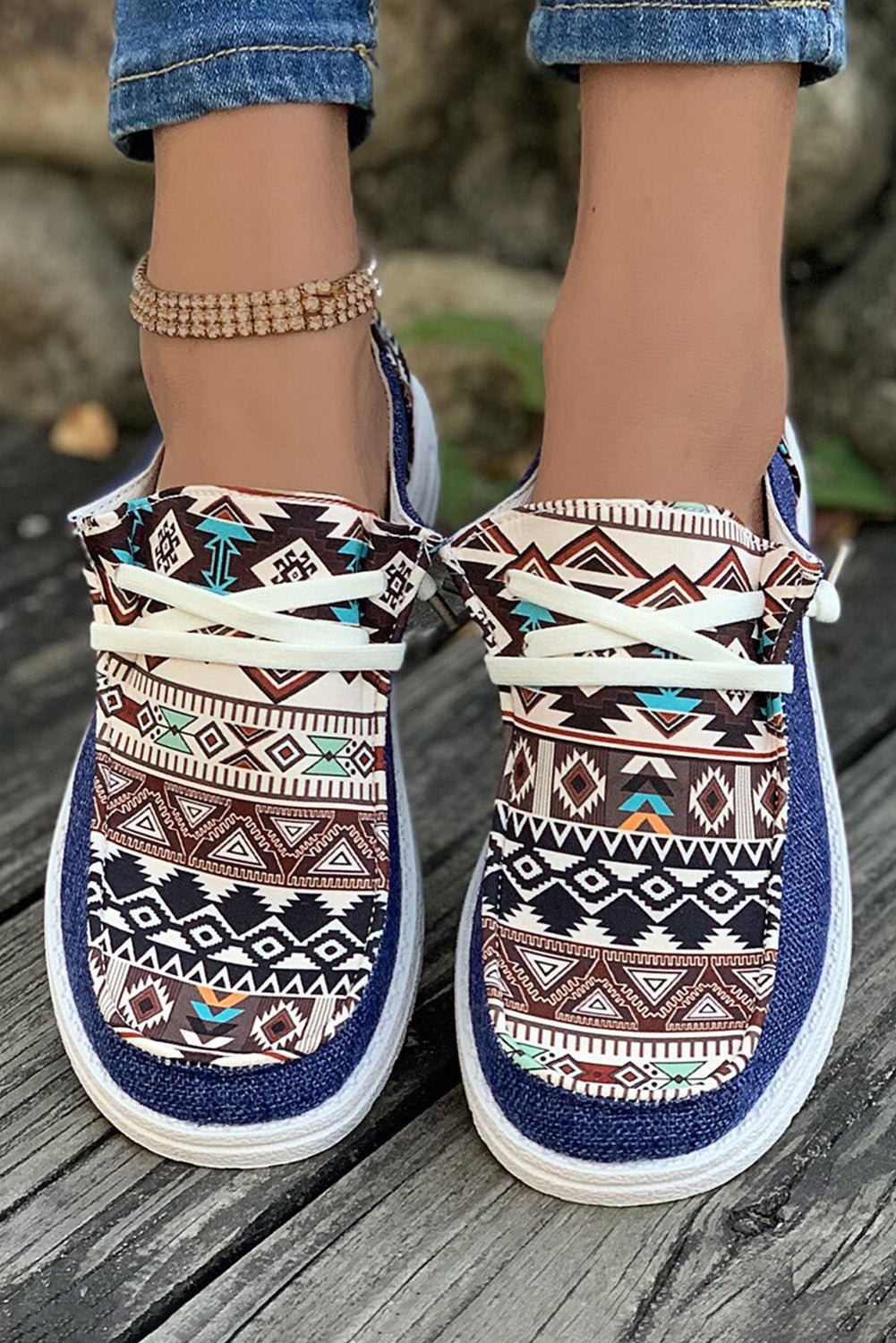 Ashleigh Blue Geometric Print Patchwork Lace Up Decor Sneakers - Creative Designs by Shanny