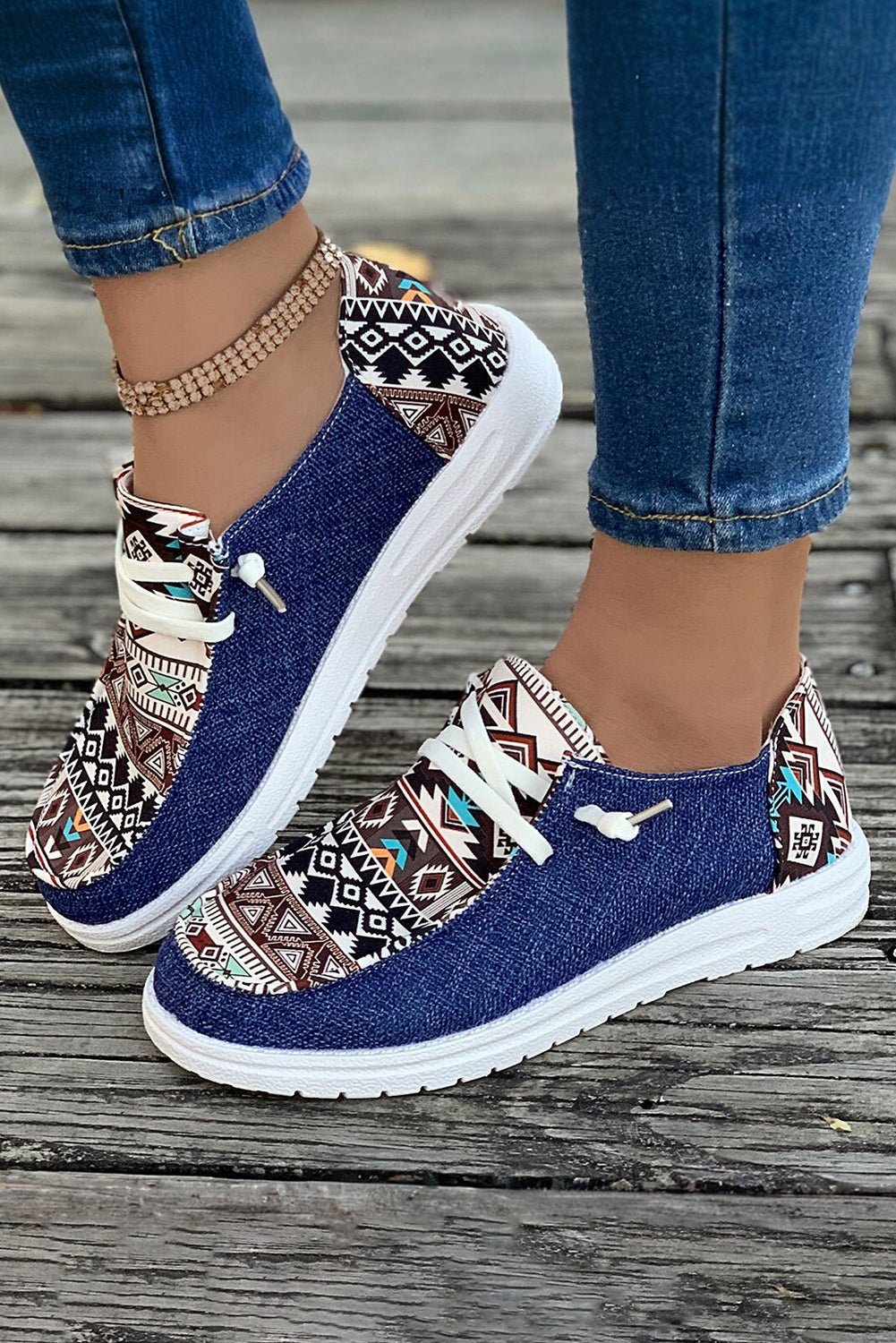 Ashleigh Blue Geometric Print Patchwork Lace Up Decor Sneakers - Creative Designs by Shanny