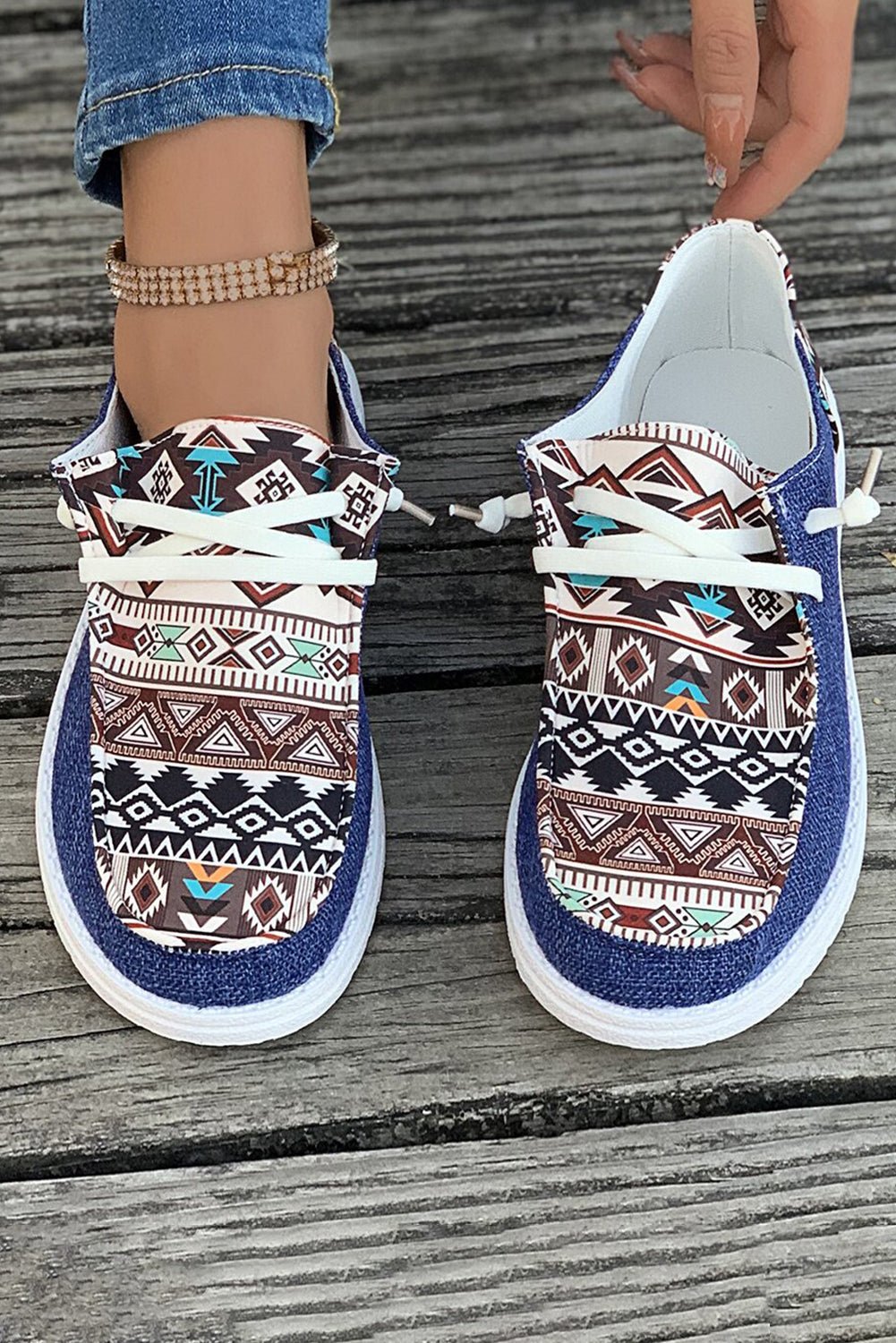 Ashleigh Blue Geometric Print Patchwork Lace Up Decor Sneakers - Creative Designs by Shanny