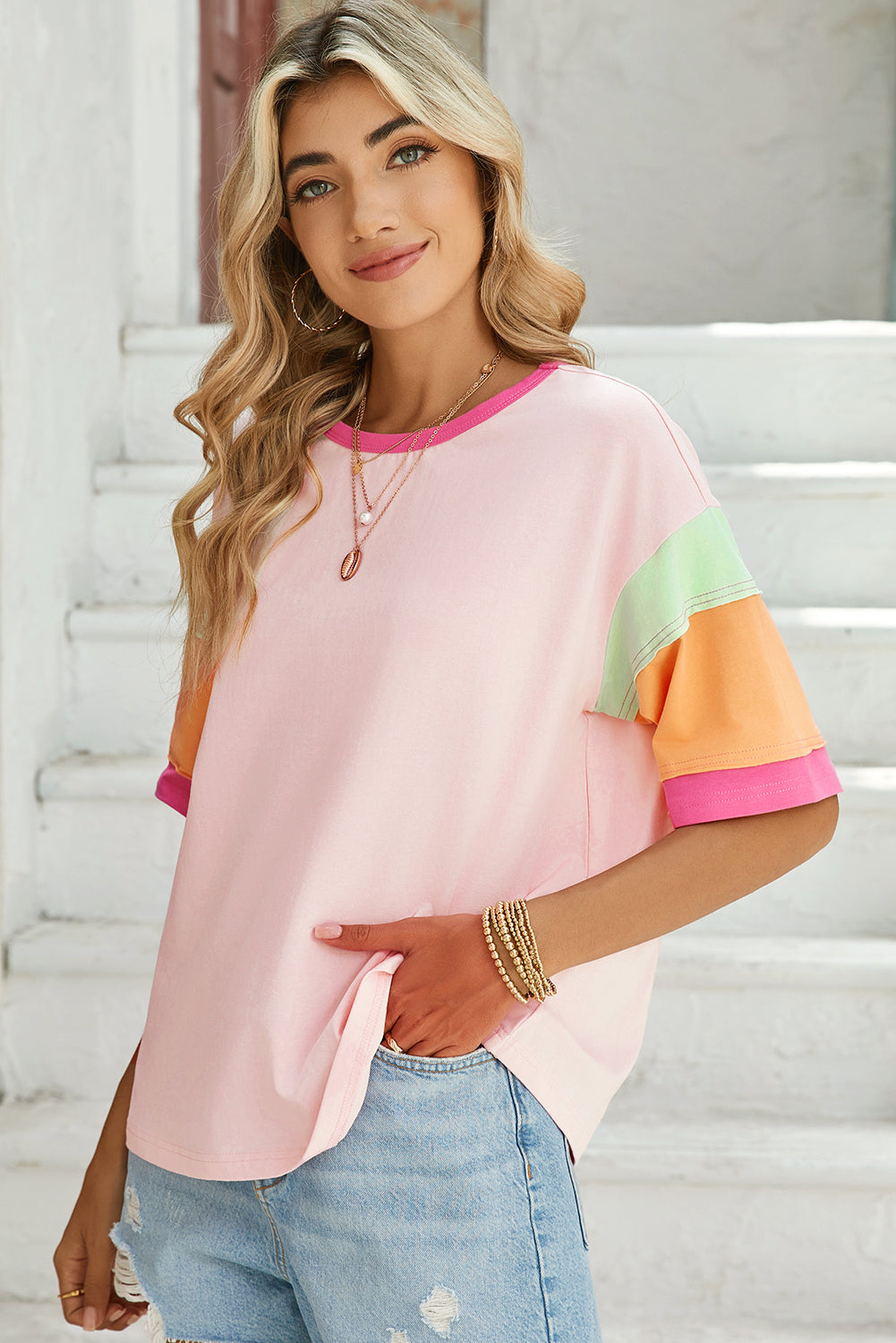 Pink Color Block Sleeve Round Neck Oversize Top